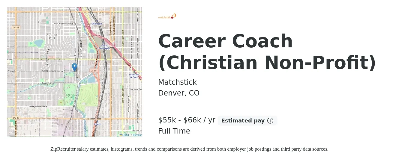 Matchstick job posting for a Career Coach (Christian Non-Profit) in Denver, CO with a salary of $55,000 to $66,000 Yearly with a map of Denver location.