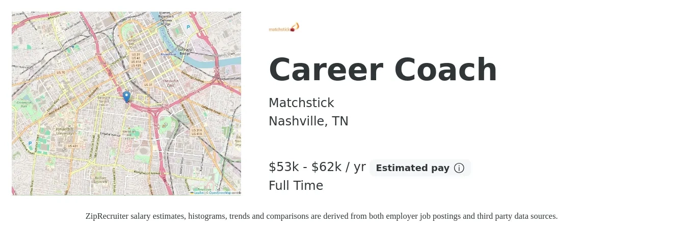 Matchstick job posting for a Career Coach in Nashville, TN with a salary of $53,000 to $62,000 Yearly with a map of Nashville location.