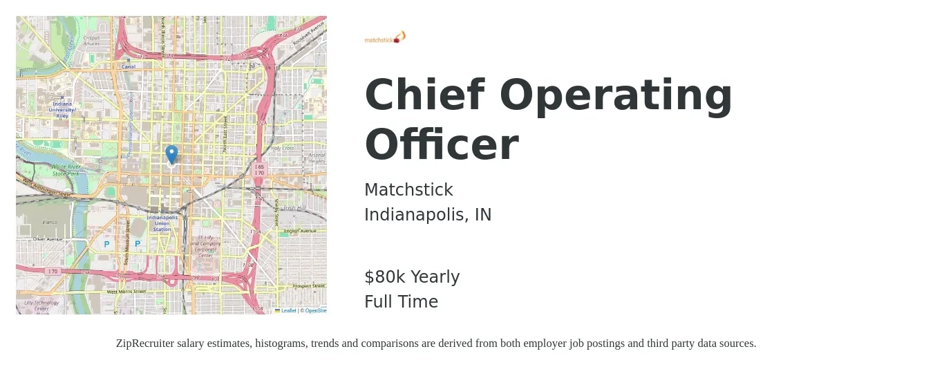 Matchstick job posting for a Chief Operating Officer in Indianapolis, IN with a salary of $80,000 Yearly with a map of Indianapolis location.