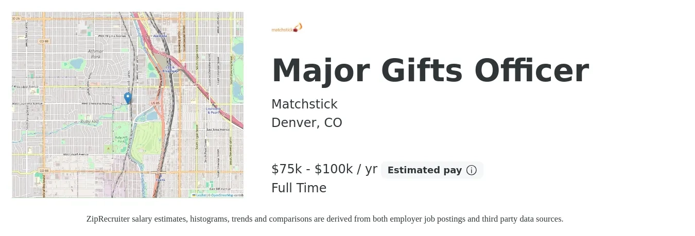 Matchstick job posting for a Major Gifts Officer in Denver, CO with a salary of $75,000 to $100,000 Yearly with a map of Denver location.