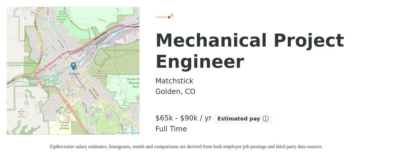 Matchstick job posting for a Mechanical Project Engineer in Golden, CO with a salary of $65,000 to $90,000 Yearly with a map of Golden location.