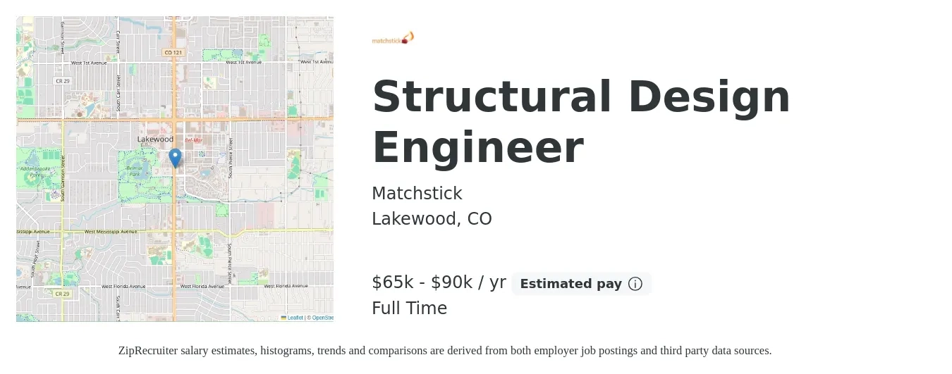 Matchstick job posting for a Structural Design Engineer in Lakewood, CO with a salary of $65,000 to $90,000 Yearly with a map of Lakewood location.
