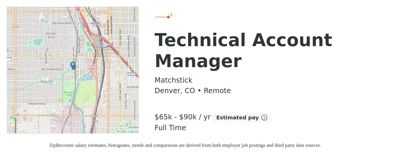 Matchstick job posting for a Technical Account Manager in Denver, CO with a salary of $65,000 to $75,000 Yearly with a map of Denver location.