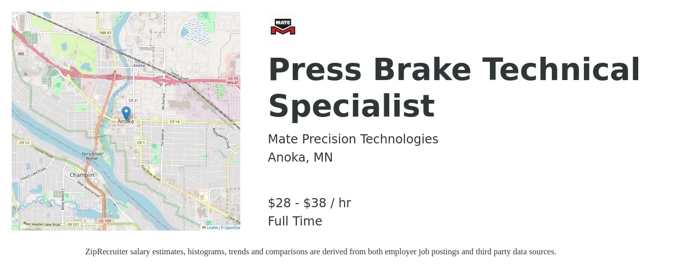 Mate Precision Technologies job posting for a Press Brake Technical Specialist in Anoka, MN with a salary of $30 to $40 Hourly with a map of Anoka location.