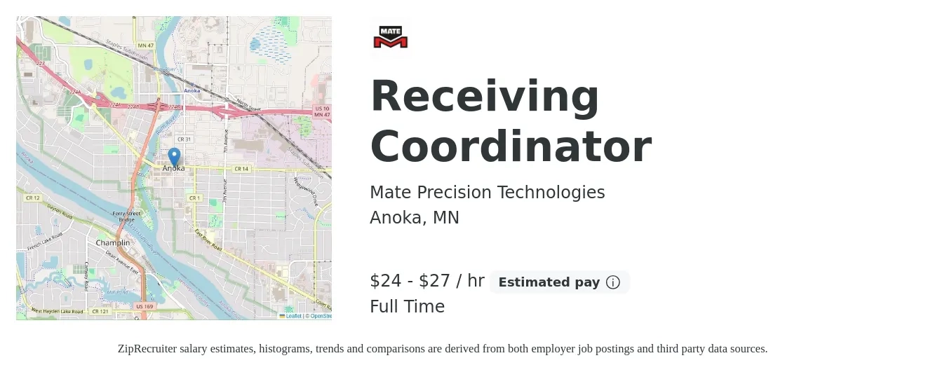 Mate Precision Technologies job posting for a Receiving Coordinator in Anoka, MN with a salary of $25 to $28 Hourly with a map of Anoka location.