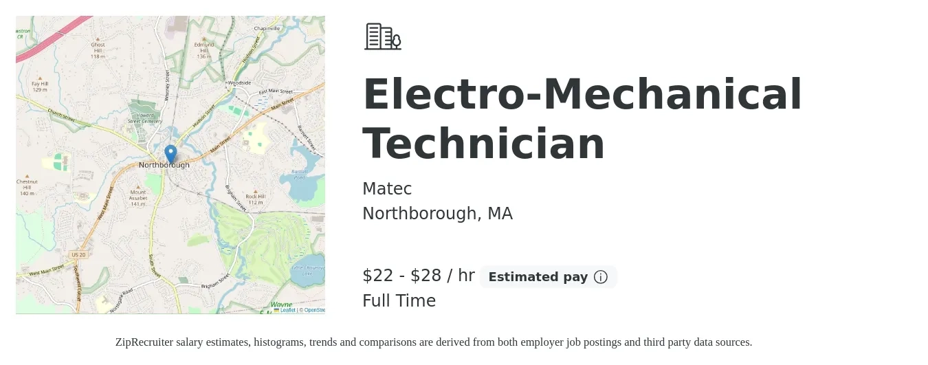 Matec job posting for a Electro-Mechanical Technician in Northborough, MA with a salary of $23 to $30 Hourly with a map of Northborough location.