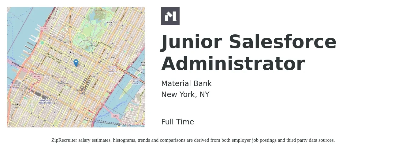 Material Bank job posting for a Junior Salesforce Administrator in New York, NY with a salary of $82,600 to $130,200 Yearly with a map of New York location.