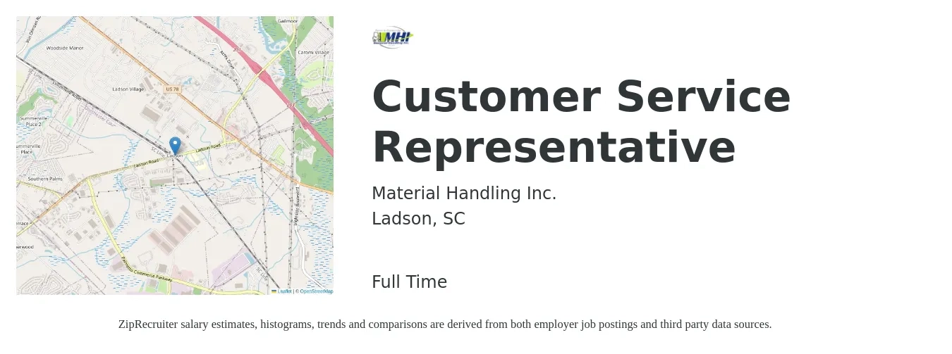 Material Handling Inc. job posting for a Customer Service Representative in Ladson, SC with a salary of $16 to $21 Hourly with a map of Ladson location.