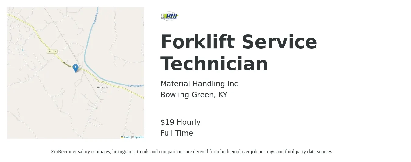 Material Handling Inc. job posting for a Forklift Service Technician in Bowling Green, KY with a salary of $20 Hourly with a map of Bowling Green location.