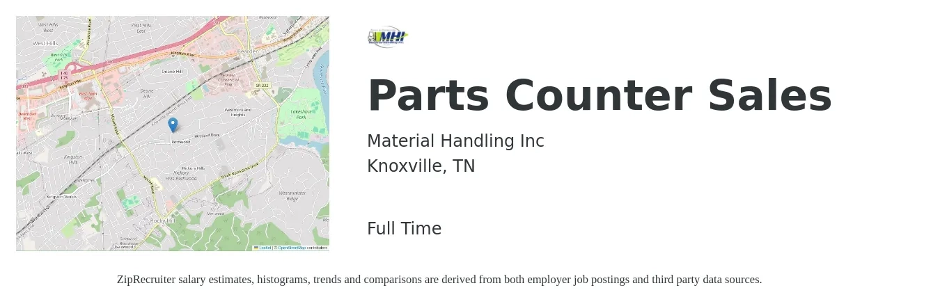 Material Handling Inc. job posting for a Parts Counter Sales in Knoxville, TN with a salary of $17 to $24 Hourly with a map of Knoxville location.