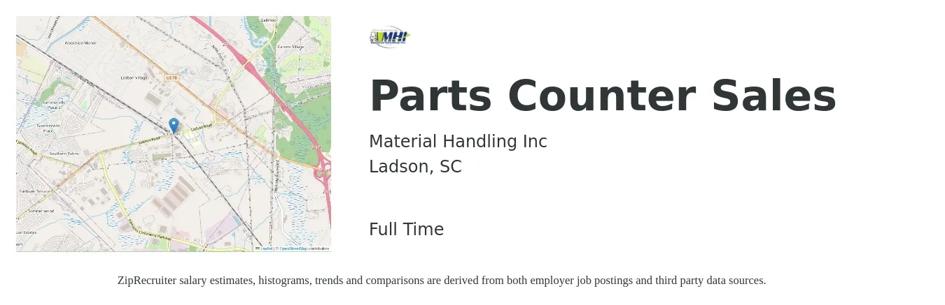 Material Handling Inc. job posting for a Parts Counter Sales in Ladson, SC with a salary of $17 to $24 Hourly with a map of Ladson location.