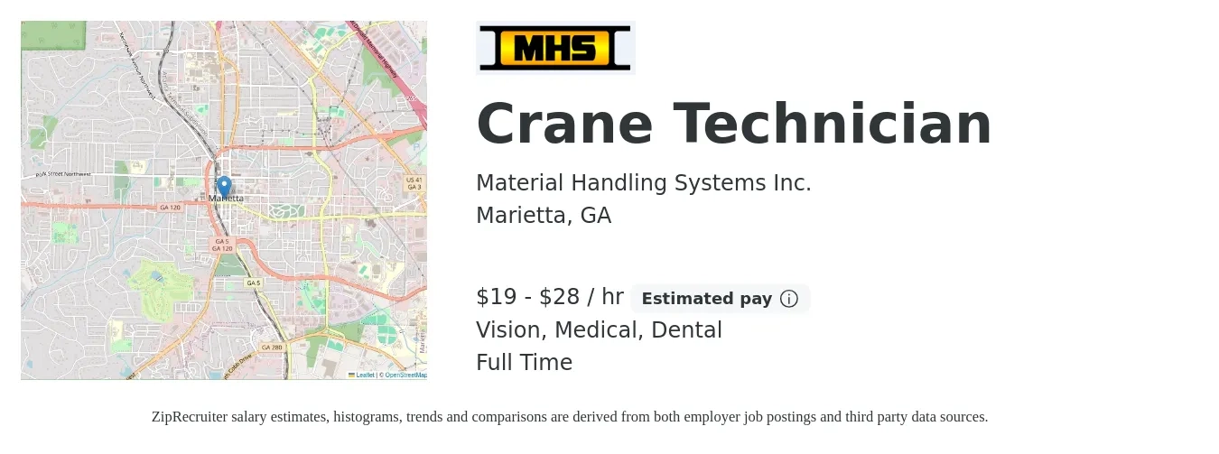 Material Handling Systems Inc. job posting for a Crane Technician in Marietta, GA with a salary of $20 to $30 Hourly and benefits including retirement, vision, dental, life_insurance, and medical with a map of Marietta location.