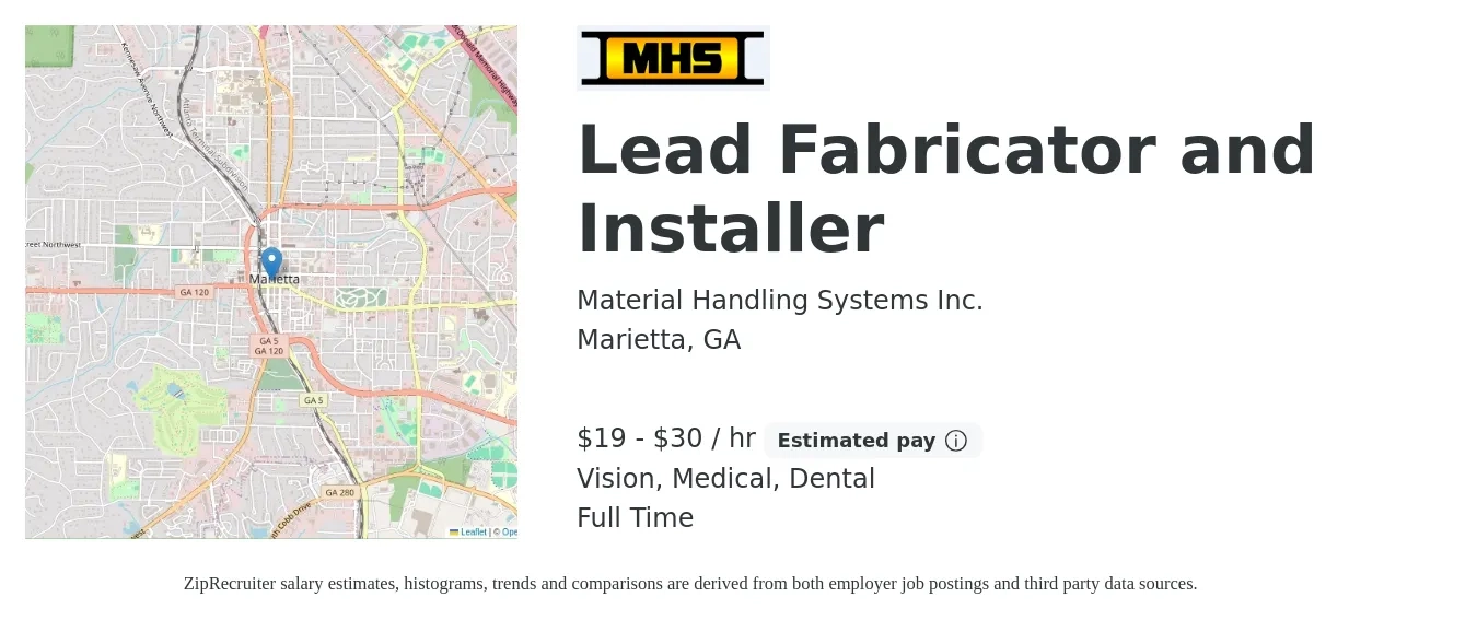 Material Handling Systems Inc. job posting for a Lead Fabricator and Installer in Marietta, GA with a salary of $20 to $32 Hourly and benefits including retirement, vision, dental, life_insurance, and medical with a map of Marietta location.