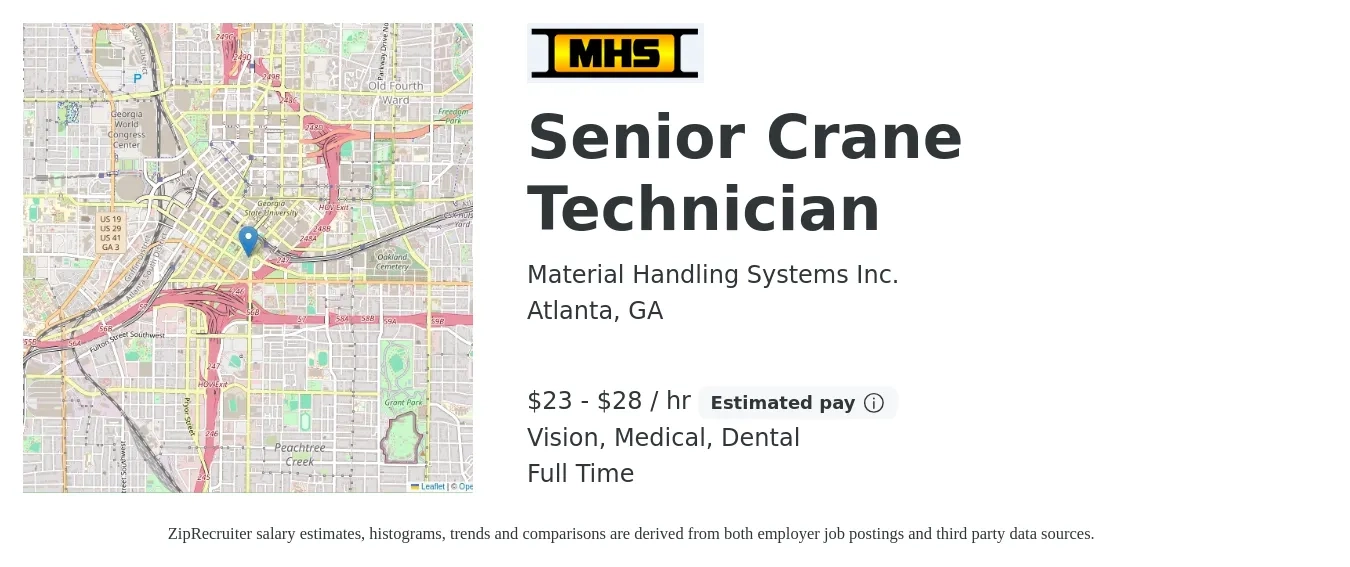 Material Handling Systems Inc. job posting for a Senior Crane Technician in Atlanta, GA with a salary of $24 to $30 Hourly and benefits including medical, retirement, vision, dental, and life_insurance with a map of Atlanta location.