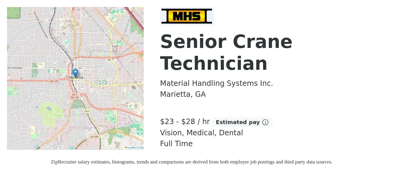 Material Handling Systems Inc. job posting for a Senior Crane Technician in Marietta, GA with a salary of $24 to $30 Hourly and benefits including dental, life_insurance, medical, retirement, and vision with a map of Marietta location.