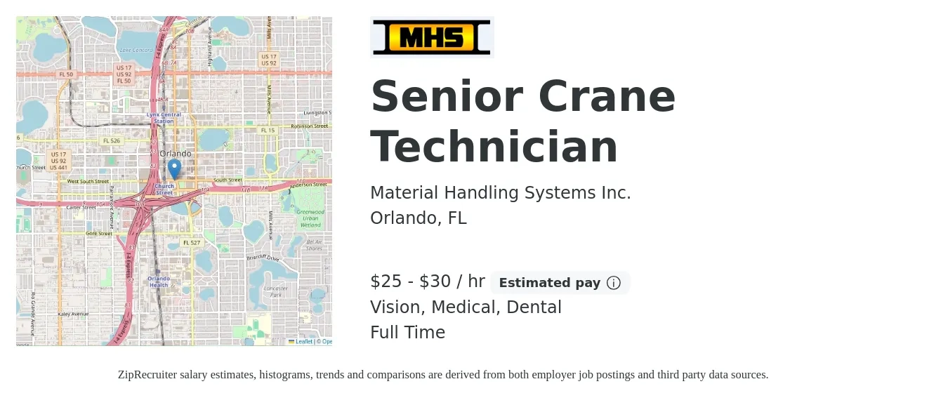 Material Handling Systems Inc. job posting for a Senior Crane Technician in Orlando, FL with a salary of $26 to $32 Hourly and benefits including retirement, vision, dental, life_insurance, medical, and pto with a map of Orlando location.
