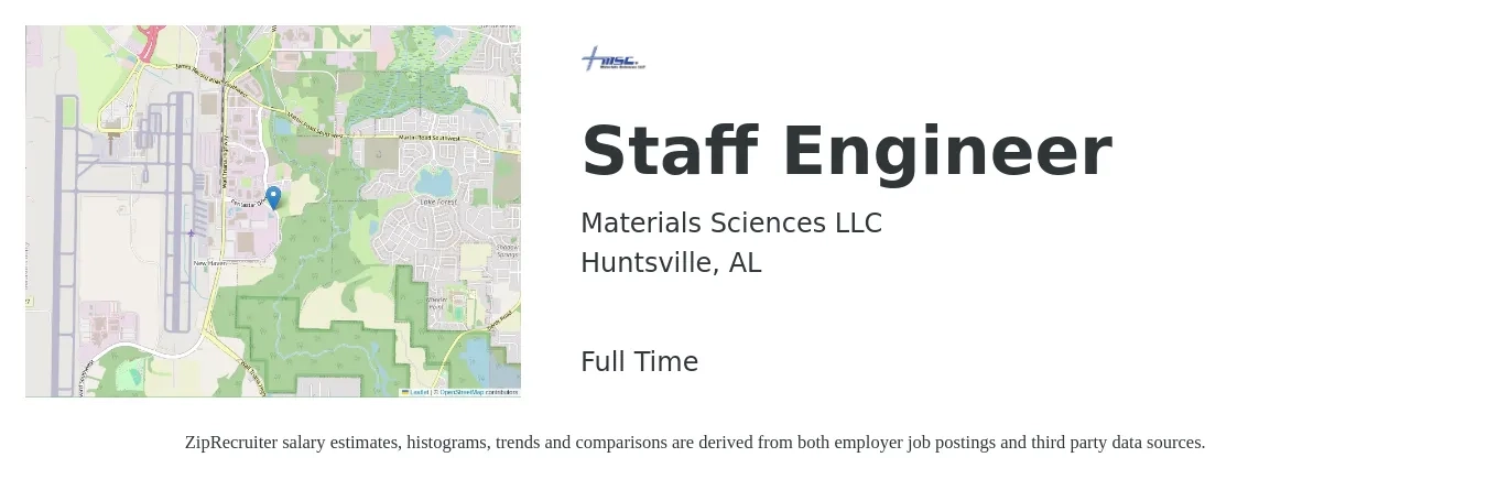 Materials Sciences LLC job posting for a Staff Engineer in Huntsville, AL with a salary of $64,300 to $116,500 Yearly with a map of Huntsville location.