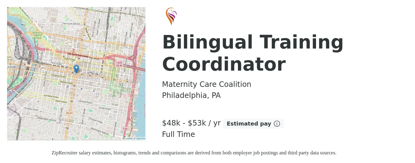 Maternity Care Coalition job posting for a Bilingual Training Coordinator in Philadelphia, PA with a salary of $48,750 to $53,500 Yearly with a map of Philadelphia location.