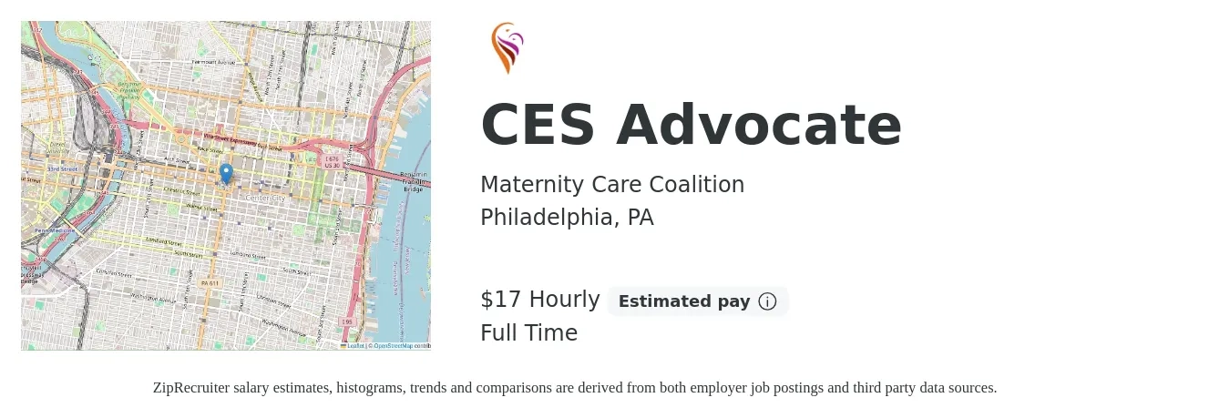 Maternity Care Coalition job posting for a CES Advocate in Philadelphia, PA with a salary of $19 Hourly with a map of Philadelphia location.