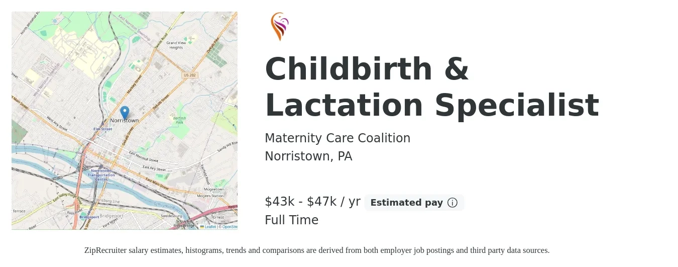 Maternity Care Coalition job posting for a Childbirth & Lactation Specialist in Norristown, PA with a salary of $43,000 to $47,000 Yearly with a map of Norristown location.
