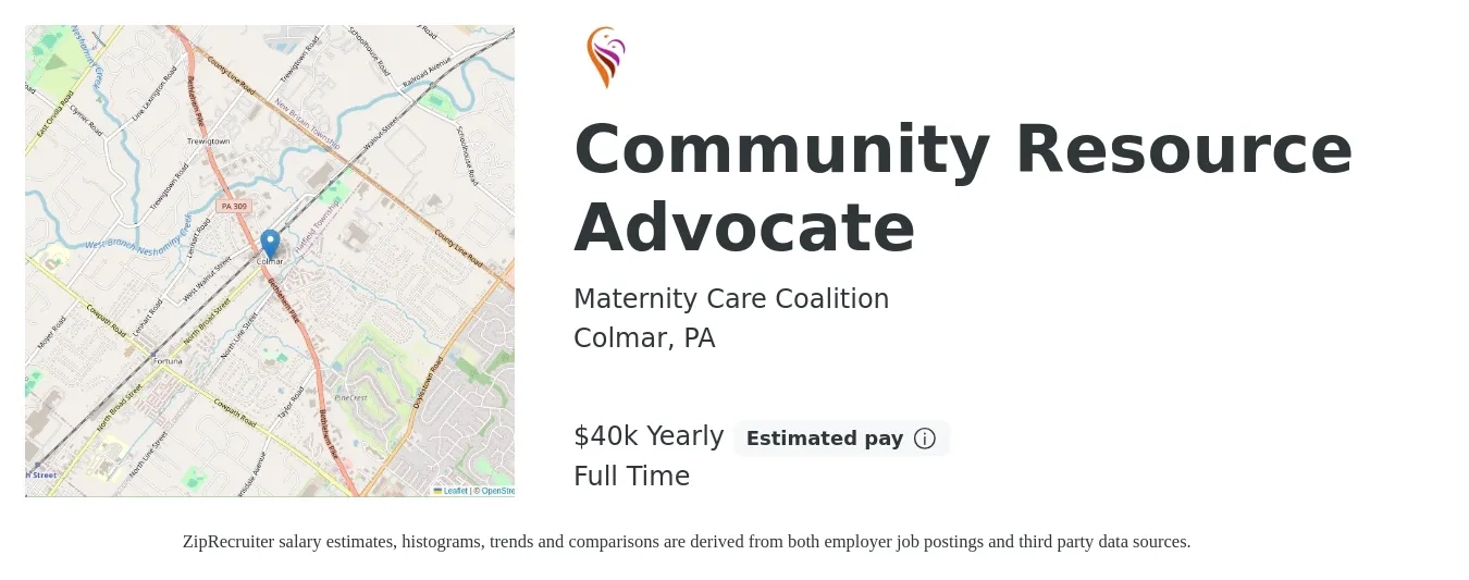 Maternity Care Coalition job posting for a Community Resource Advocate in Colmar, PA with a salary of $40,000 to $40,950 Yearly with a map of Colmar location.