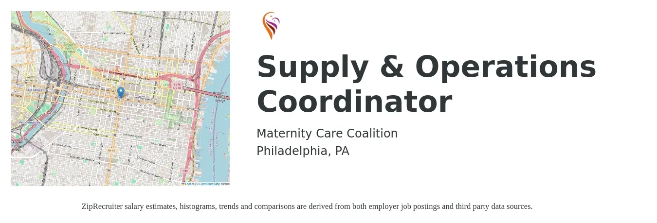 Maternity Care Coalition job posting for a Supply & Operations Coordinator in Philadelphia, PA with a salary of $21 to $29 Hourly with a map of Philadelphia location.