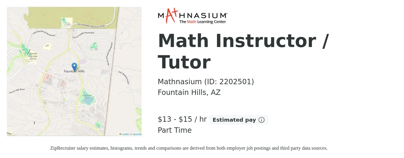 Mathnasium (ID: 2202501) job posting for a Math Instructor / Tutor in Fountain Hills, AZ with a salary of $14 to $16 Hourly with a map of Fountain Hills location.