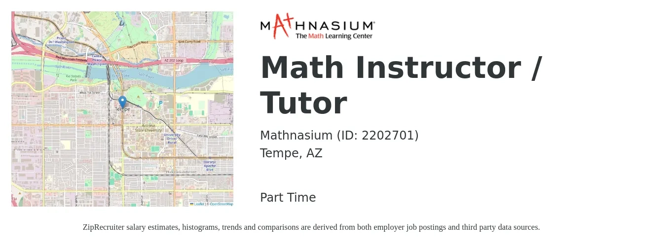 Mathnasium (ID: 2202701) job posting for a Math Instructor / Tutor in Tempe, AZ with a salary of $15 to $30 Hourly with a map of Tempe location.