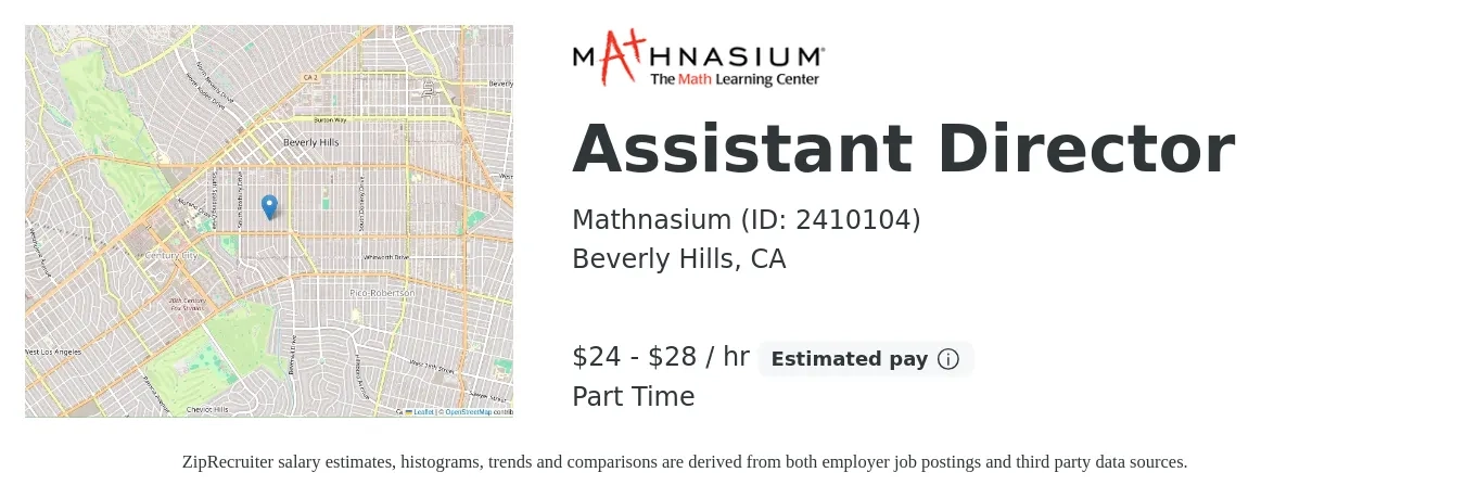 Mathnasium (ID: 2410104) job posting for a Assistant Director in Beverly Hills, CA with a salary of $25 to $30 Hourly with a map of Beverly Hills location.