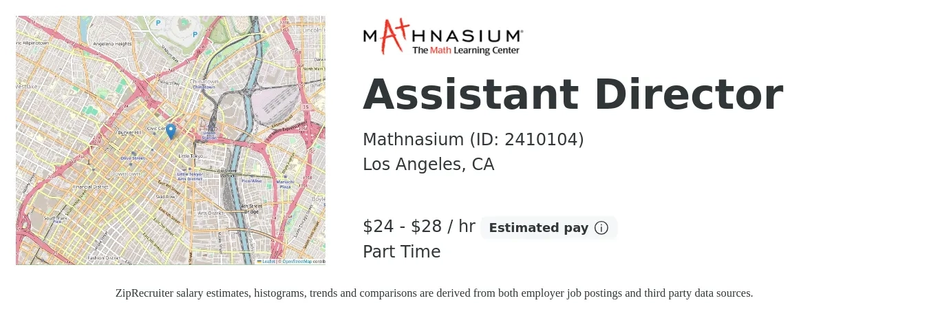 Mathnasium (ID: 2410104) job posting for a Assistant Director in Los Angeles, CA with a salary of $25 to $30 Hourly with a map of Los Angeles location.
