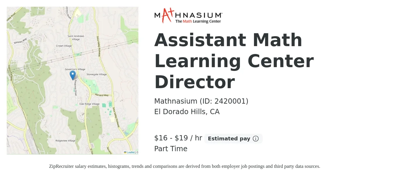 Mathnasium (ID: 2420001) job posting for a Assistant Math Learning Center Director in El Dorado Hills, CA with a salary of $17 to $20 Hourly with a map of El Dorado Hills location.