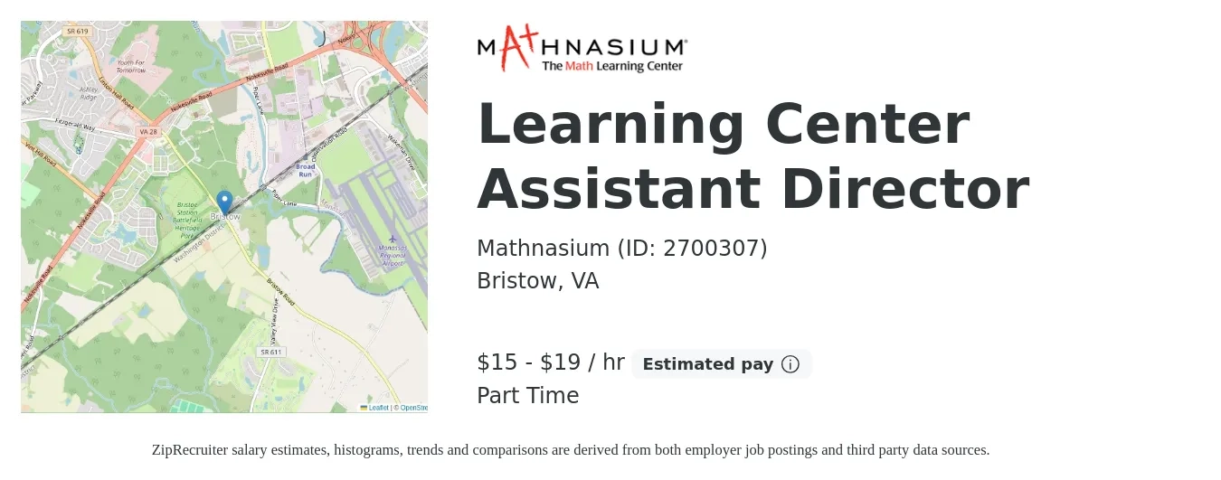 Mathnasium (ID: 2700307) job posting for a Learning Center Assistant Director in Bristow, VA with a salary of $16 to $20 Hourly with a map of Bristow location.