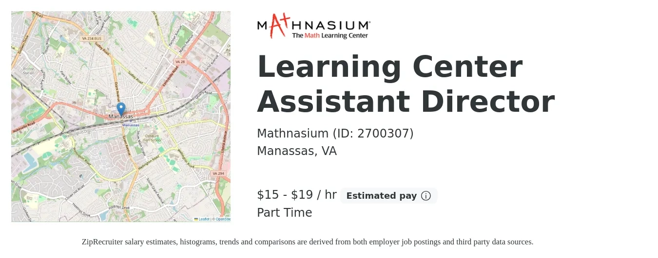 Mathnasium (ID: 2700307) job posting for a Learning Center Assistant Director in Manassas, VA with a salary of $16 to $20 Hourly with a map of Manassas location.