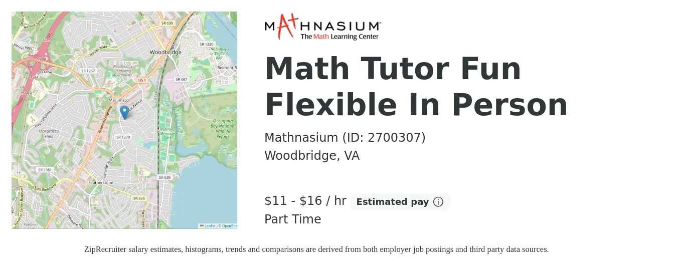 Mathnasium (ID: 2700307) job posting for a Math Tutor Fun Flexible In Person in Woodbridge, VA with a salary of $12 to $17 Hourly with a map of Woodbridge location.