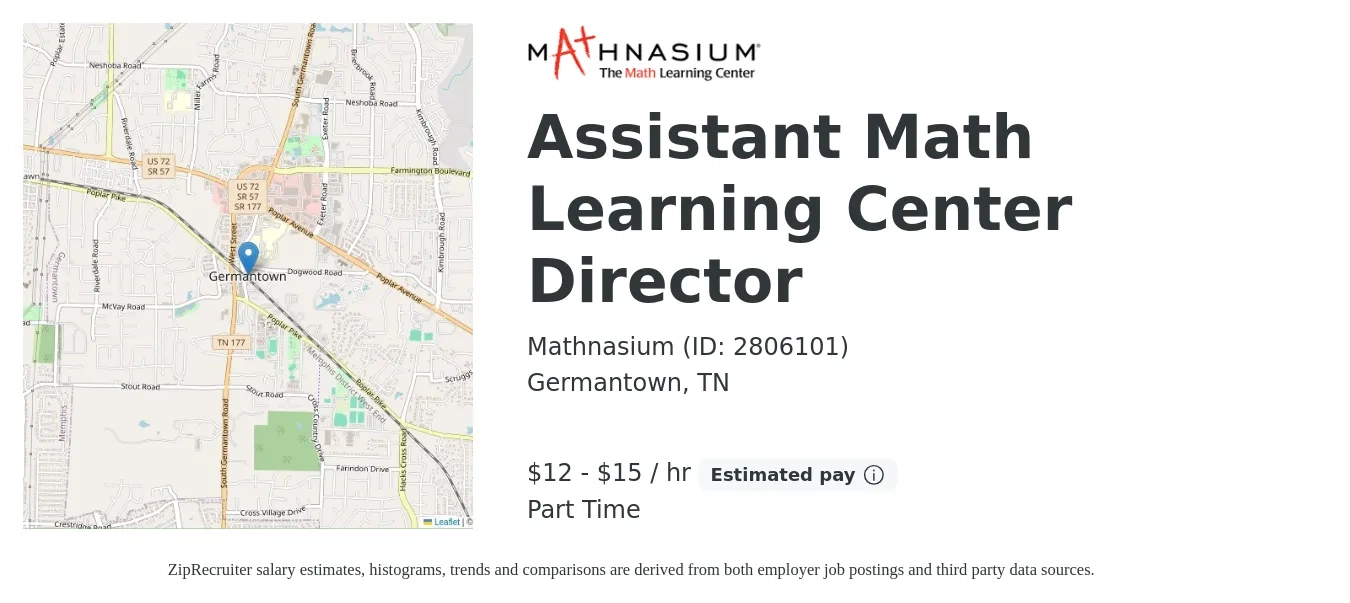 Mathnasium (ID: 2806101) job posting for a Assistant Math Learning Center Director in Germantown, TN with a salary of $13 to $16 Hourly with a map of Germantown location.