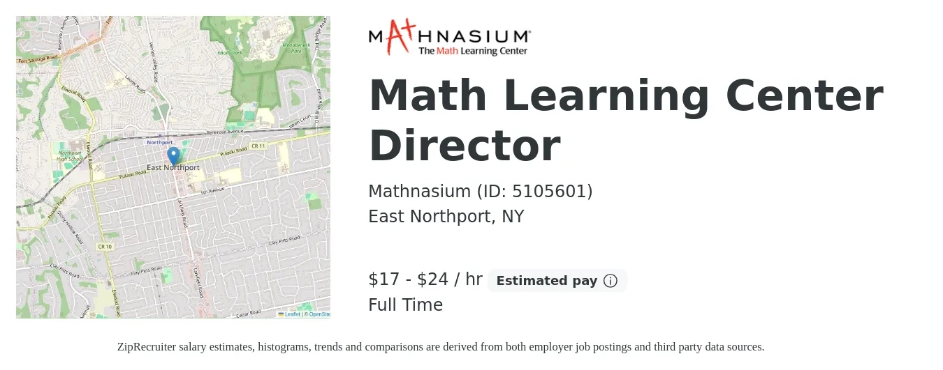Mathnasium (ID: 5105601) job posting for a Math Learning Center Director in East Northport, NY with a salary of $18 to $25 Hourly with a map of East Northport location.