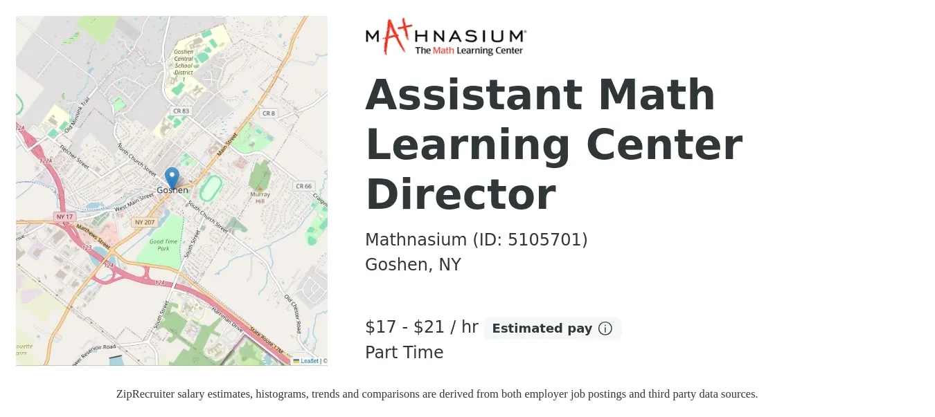Mathnasium (ID: 5105701) job posting for a Assistant Math Learning Center Director in Goshen, NY with a salary of $18 to $22 Hourly with a map of Goshen location.