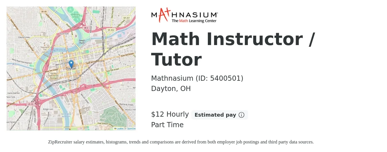 Mathnasium (ID: 5400501) job posting for a Math Instructor / Tutor in Dayton, OH with a salary of $13 Hourly with a map of Dayton location.