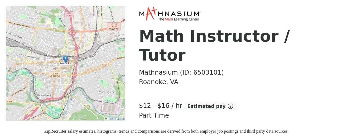 Mathnasium (ID: 6503101) job posting for a Math Instructor / Tutor in Roanoke, VA with a salary of $13 to $17 Hourly with a map of Roanoke location.