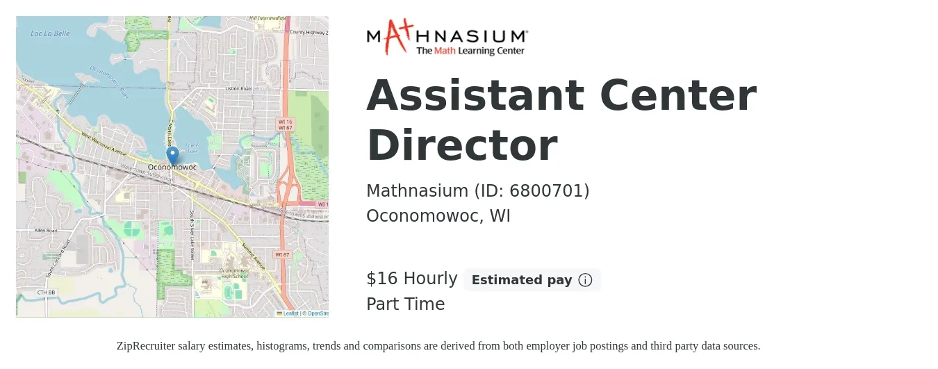 Mathnasium (ID: 6800701) job posting for a Assistant Center Director in Oconomowoc, WI with a salary of $17 Hourly with a map of Oconomowoc location.