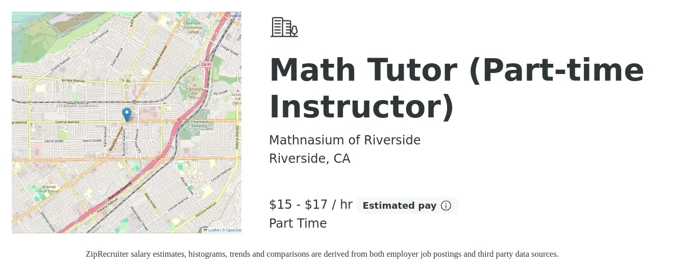 Mathnasium of Riverside job posting for a Math Tutor (Part-time Instructor) in Riverside, CA with a salary of $16 to $18 Hourly with a map of Riverside location.