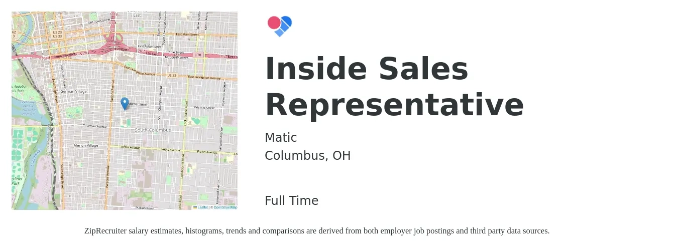 Matic job posting for a Inside Sales Representative in Columbus, OH with a salary of $38,200 to $57,000 Yearly with a map of Columbus location.