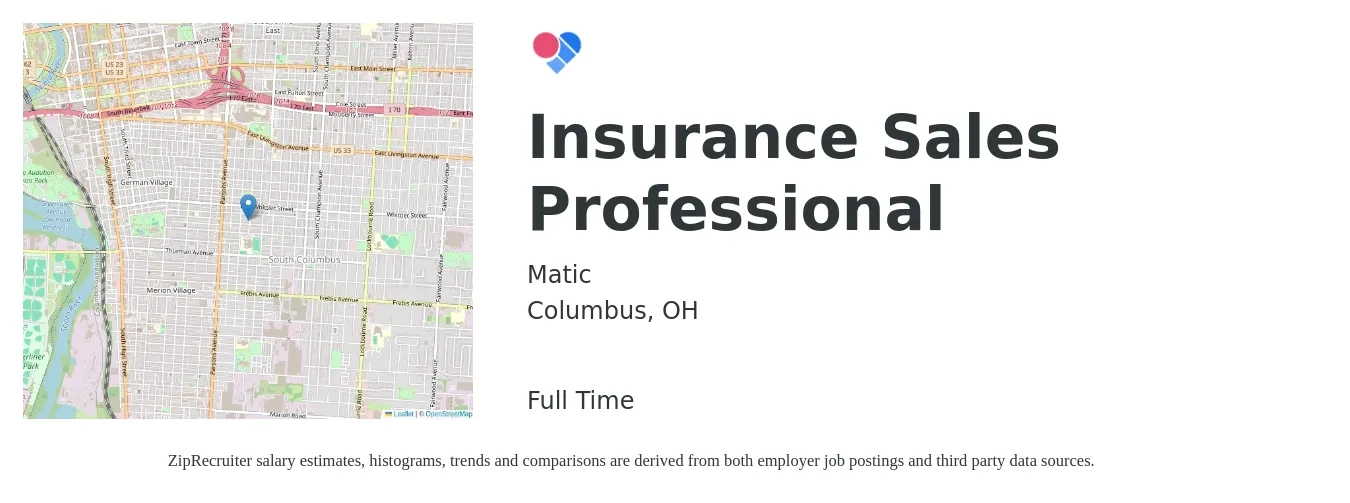 Matic job posting for a Insurance Sales Professional in Columbus, OH with a salary of $66,200 to $112,000 Yearly with a map of Columbus location.