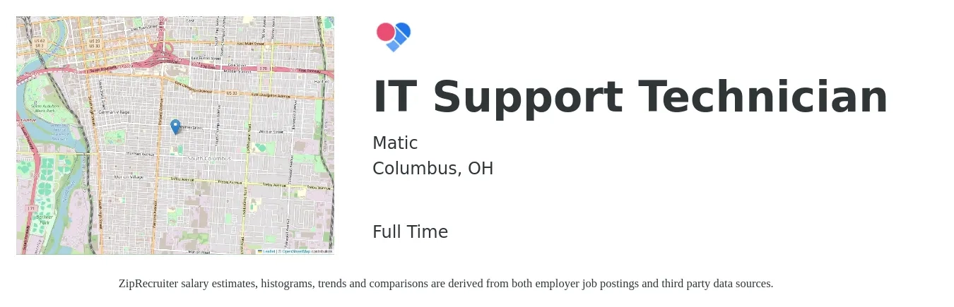 Matic job posting for a IT Support Technician in Columbus, OH with a salary of $21 to $28 Hourly with a map of Columbus location.