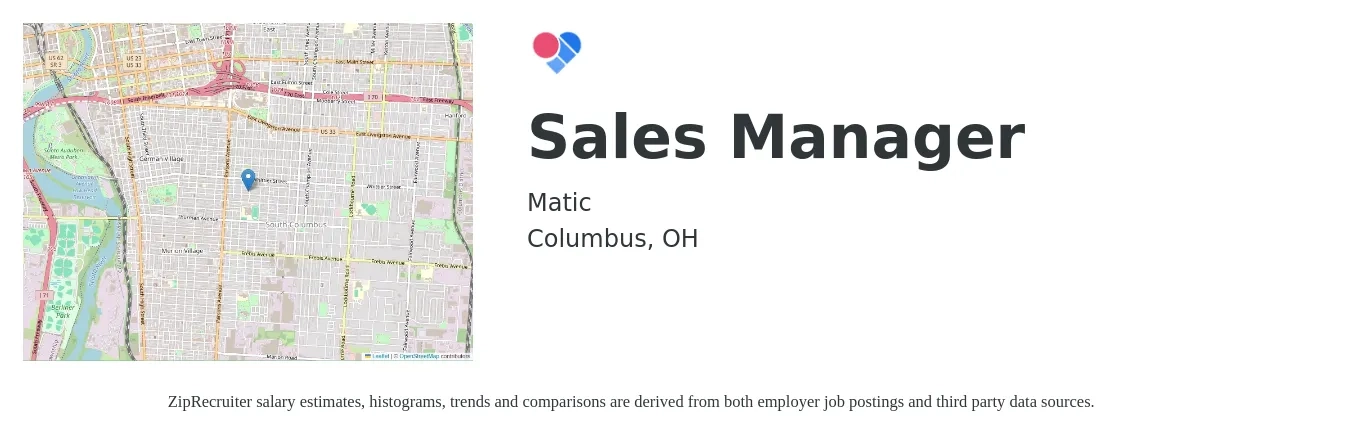 Matic job posting for a Sales Manager in Columbus, OH with a salary of $43,500 to $93,200 Yearly with a map of Columbus location.