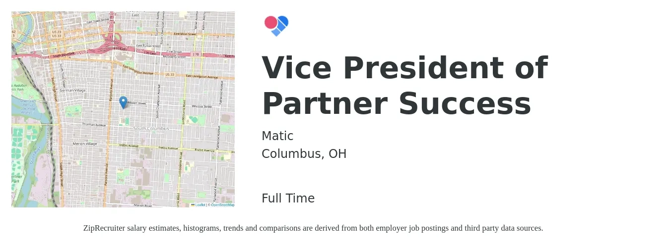 Matic job posting for a Vice President of Partner Success in Columbus, OH with a salary of $111,100 to $183,500 Yearly with a map of Columbus location.