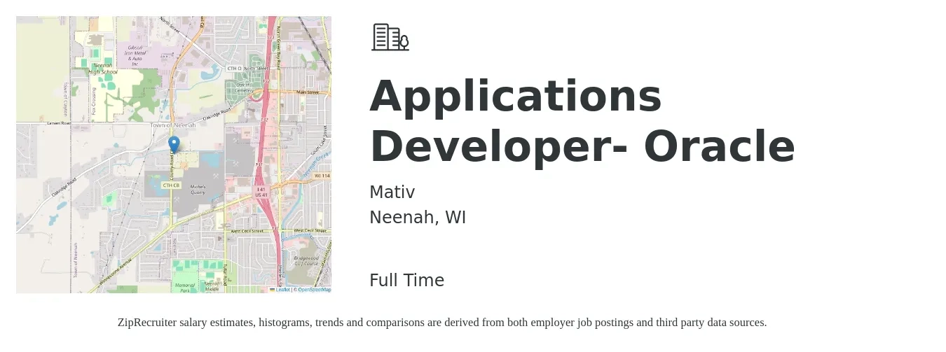 Mativ job posting for a Applications Developer- Oracle in Neenah, WI with a salary of $57 to $72 Hourly with a map of Neenah location.