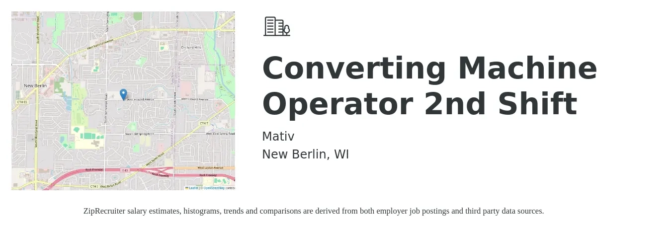 Mativ job posting for a Converting Machine Operator 2nd Shift in New Berlin, WI with a salary of $17 to $20 Hourly with a map of New Berlin location.