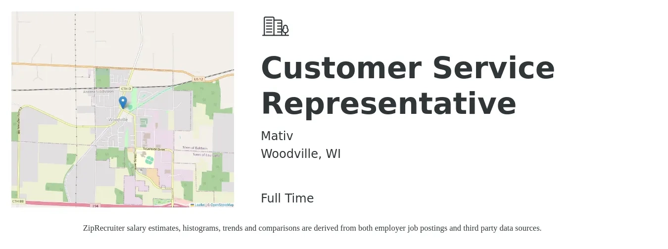 Mativ job posting for a Customer Service Representative in Woodville, WI with a salary of $16 to $21 Hourly with a map of Woodville location.