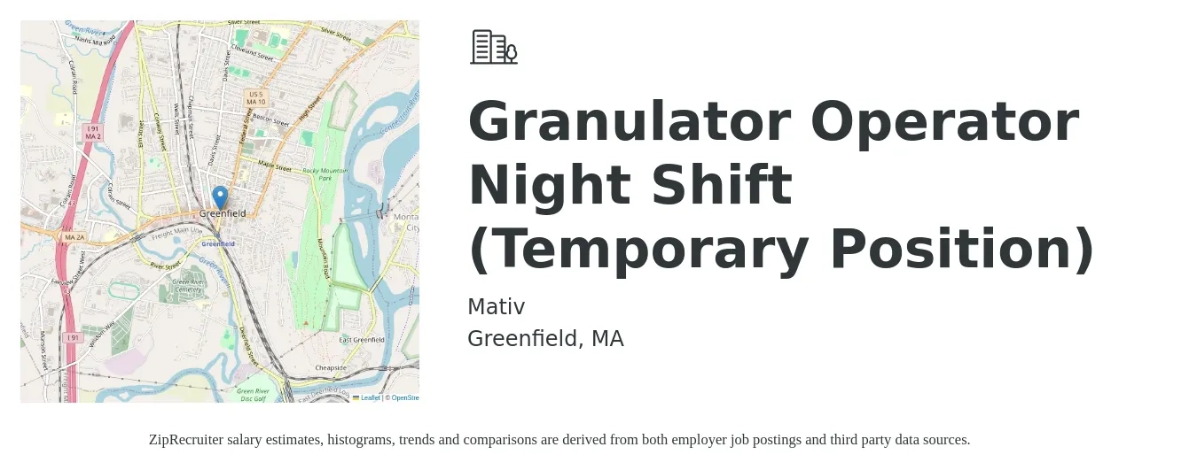 Mativ job posting for a Granulator Operator Night Shift (Temporary Position) in Greenfield, MA with a salary of $16 to $19 Hourly with a map of Greenfield location.